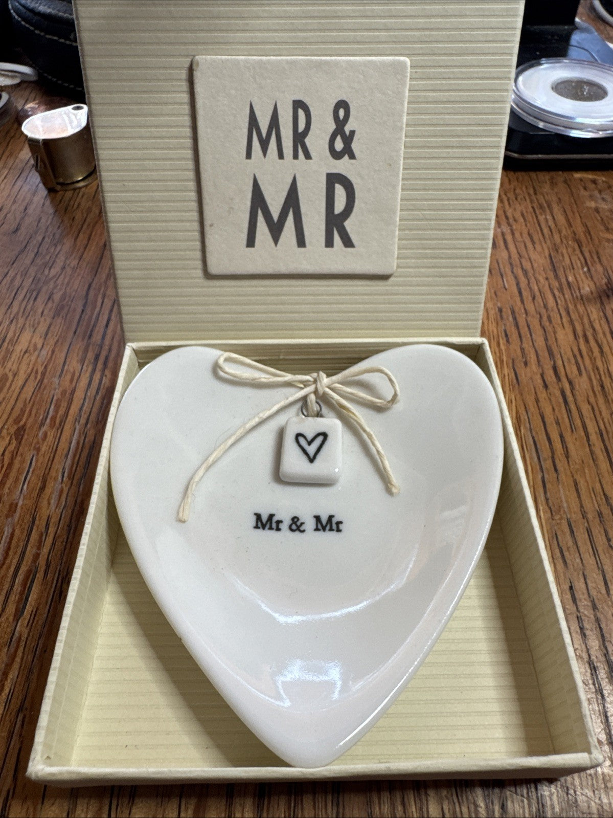 Crate & Barrel Mr. & Mr. Ceramic Heart Shaped Jewelry Trinket Tray Brand New