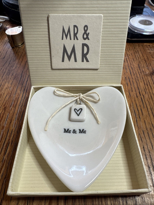 Crate & Barrel Mr. & Mr. Ceramic Heart Shaped Jewelry Trinket Tray Brand New