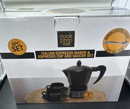 6 piece ESPRESSO MAKER SET by Cook Prep Eat 2 cups 2 saucers spoon & maker