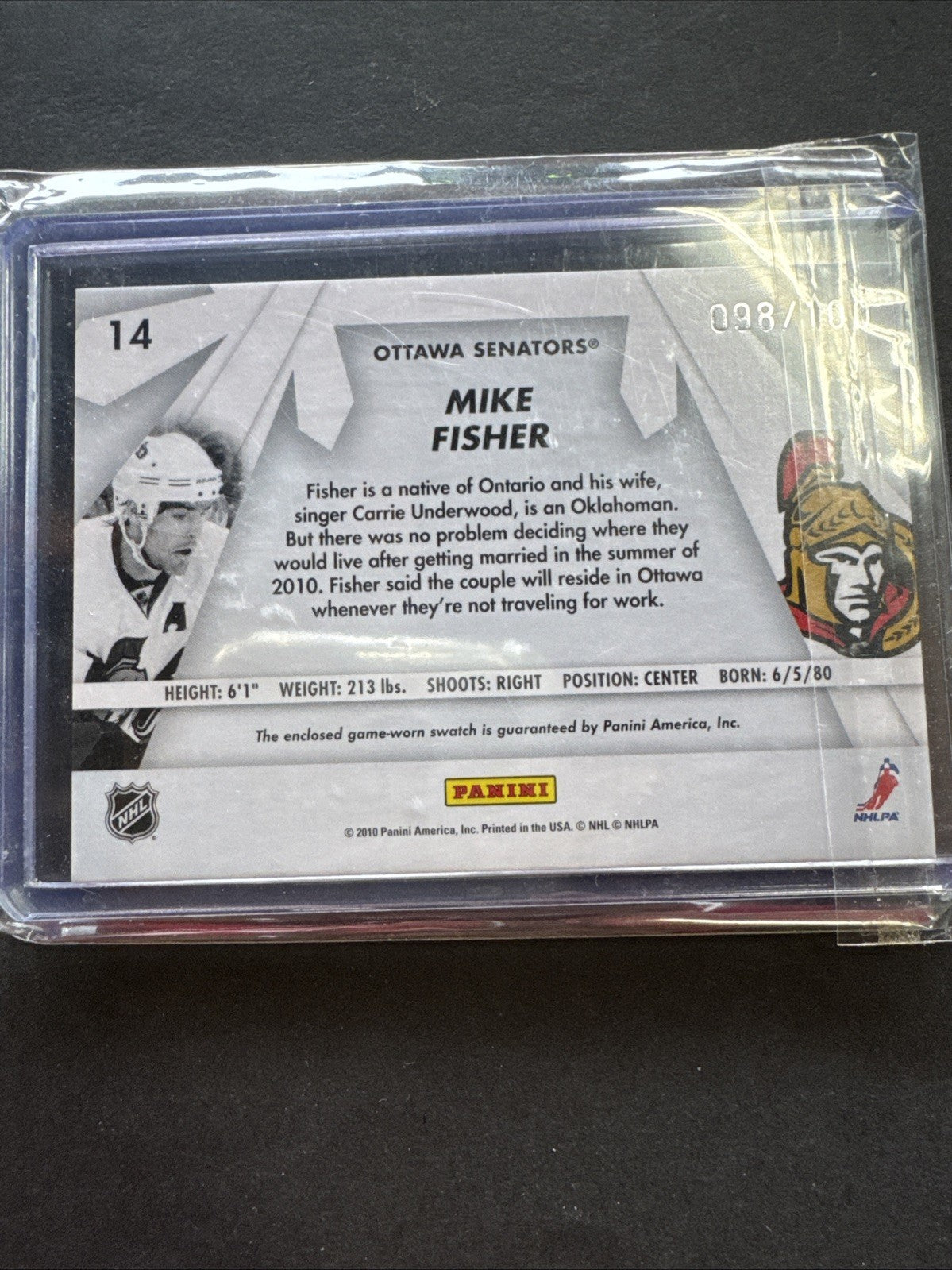 2010-11 Donruss - Boys of Winter Mike Fisher #14 Threads Prime 98/100 (MEM)