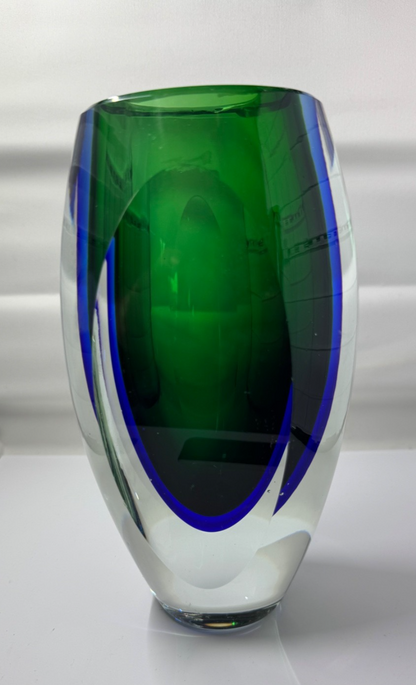 Vintage MURANO Art Glass Sommerso Green Blue Vase Heavy 8.5” Tall