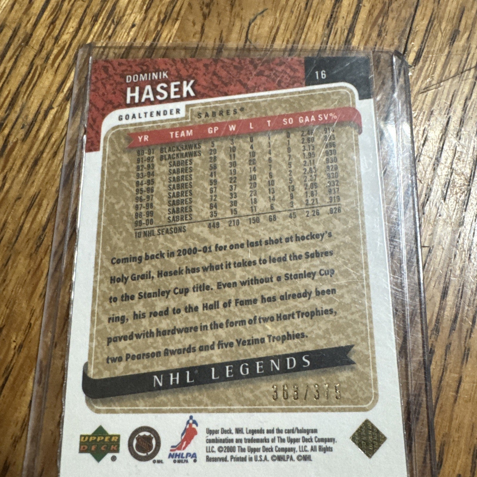 2000-01 Upper Deck Legends - Dominik Hasek #16 LegendaryCollection Gold 363 /375