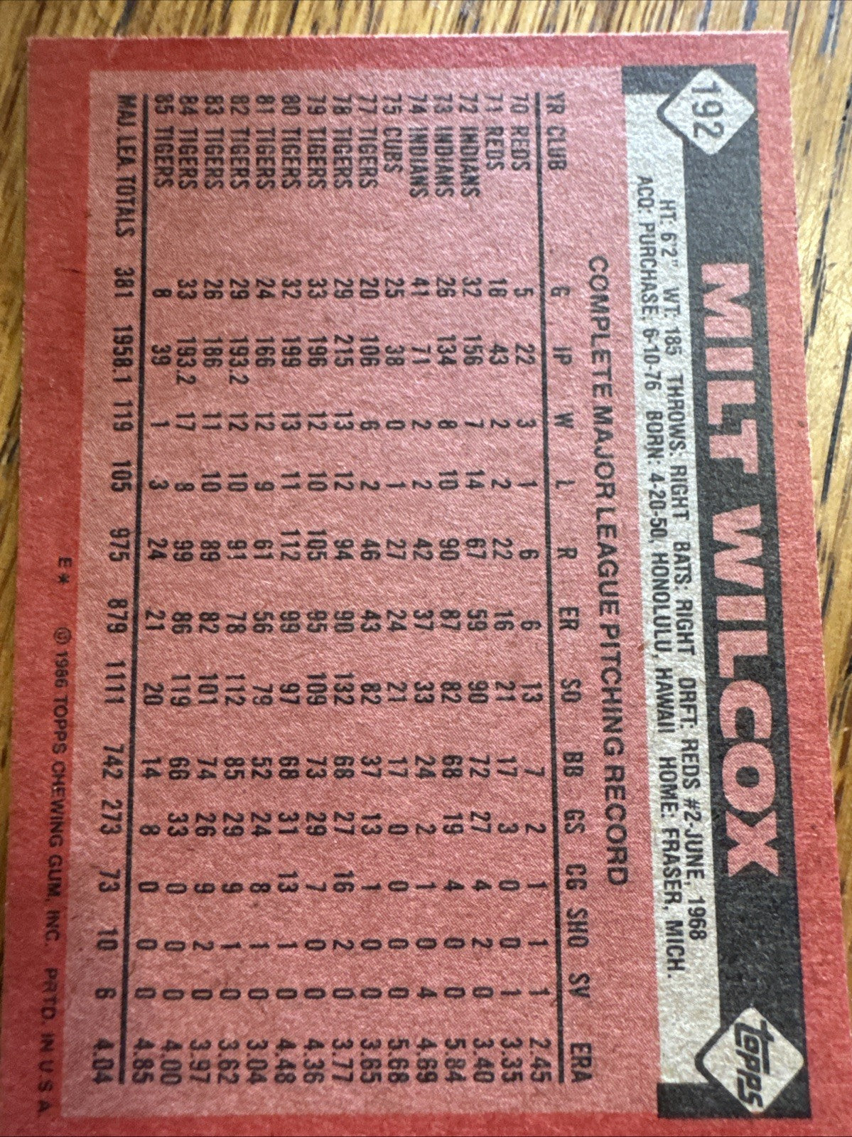 1986 Topps - Milt Wilcox #192