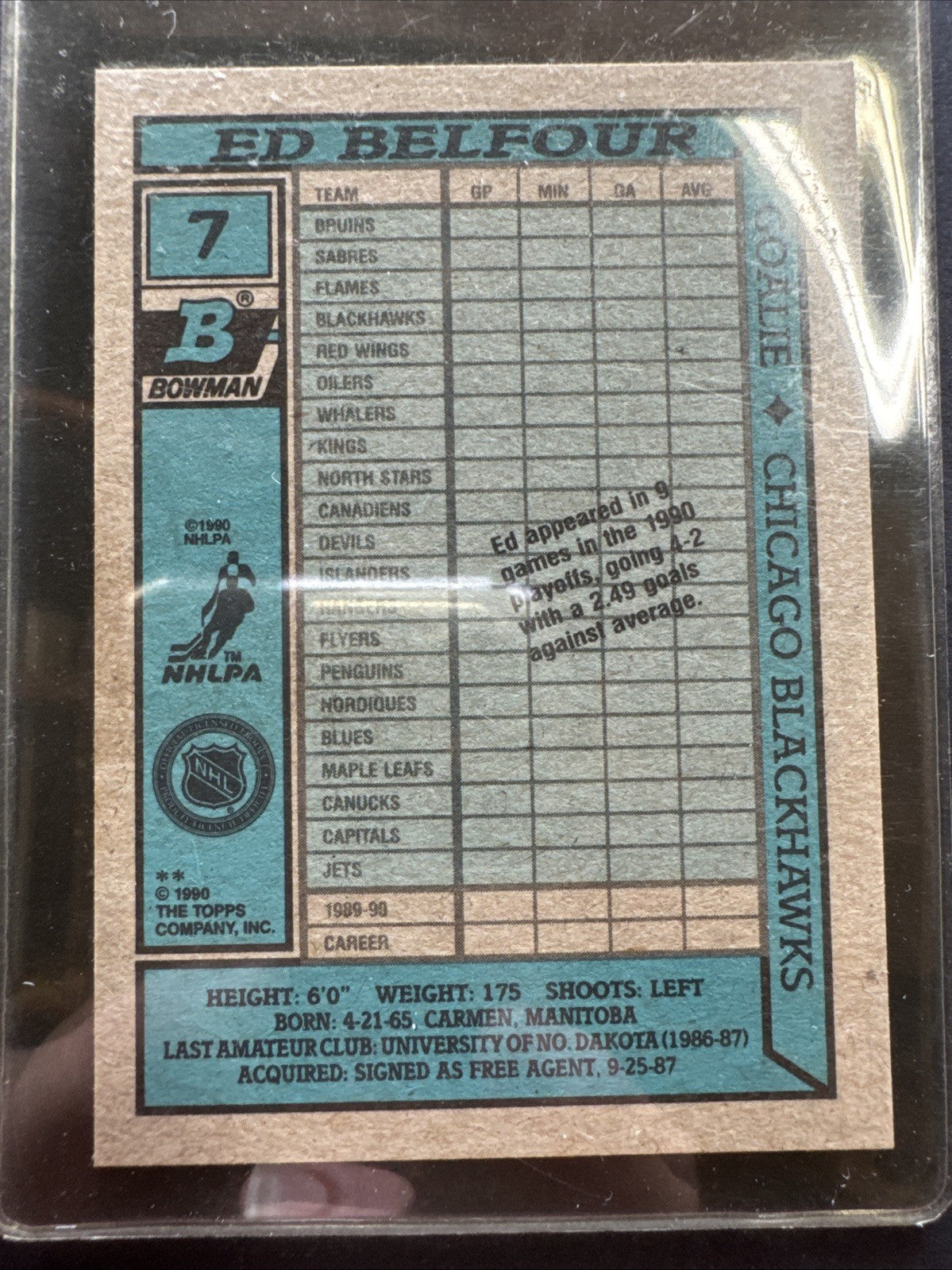 1990-91 Bowman - Ed Belfour #7  (RC)
