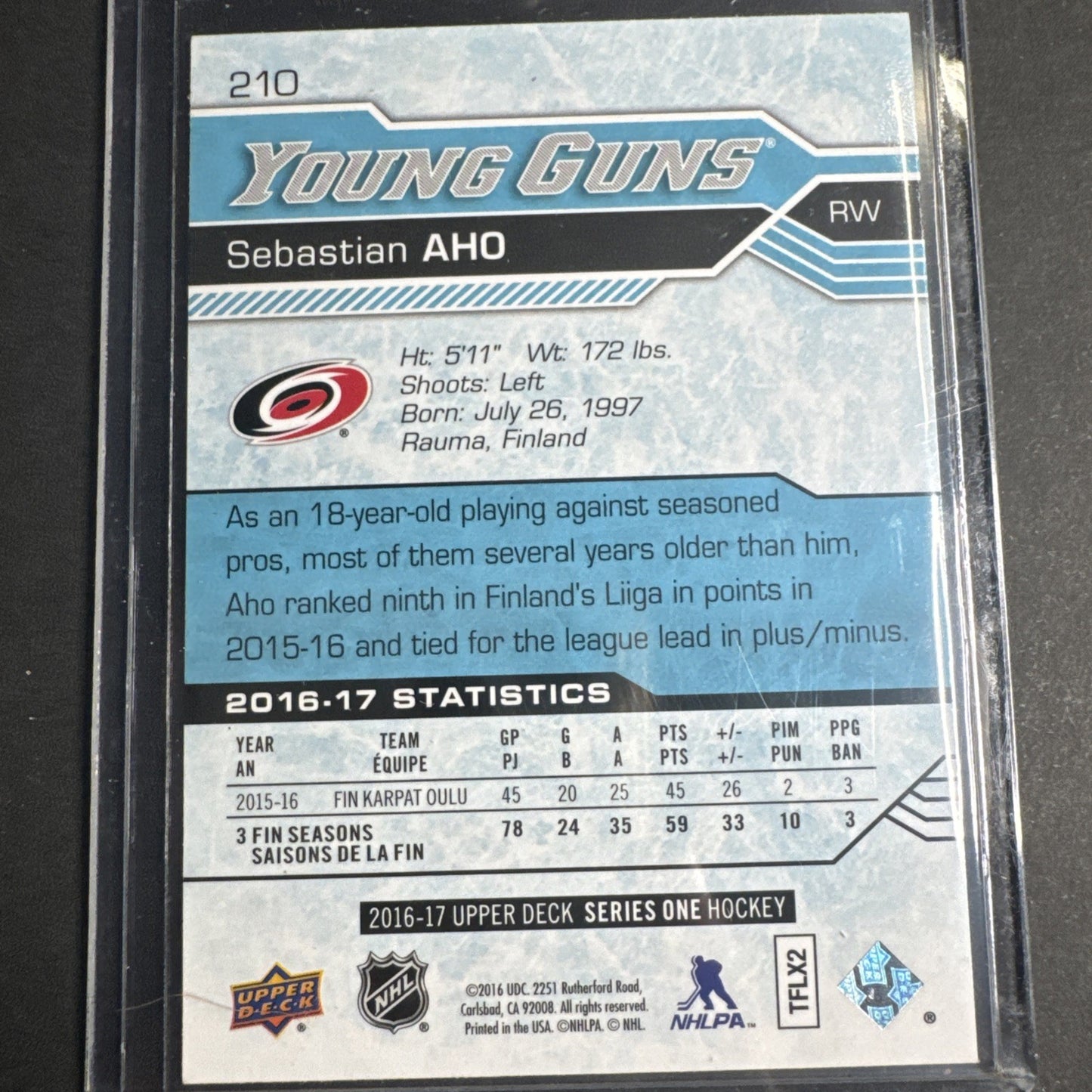 2016-17 Upper Deck - Young Guns Sebastian Aho #210 (RC)