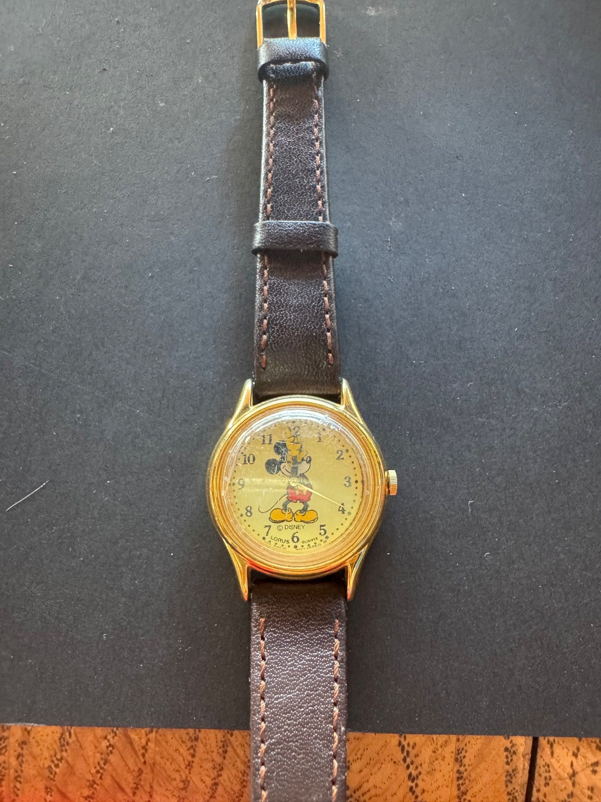 Rare Vintage Lorus Mickey Mouse Watch Gold w/ Brown Leather Strap, Needs Battery