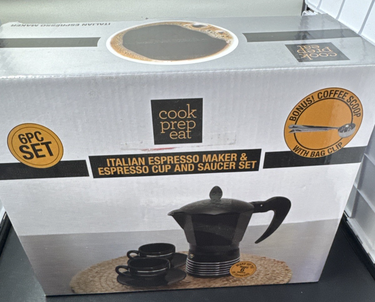 6 piece ESPRESSO MAKER SET by Cook Prep Eat 2 cups 2 saucers spoon & maker