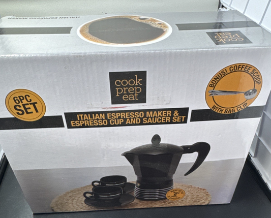 6 piece ESPRESSO MAKER SET by Cook Prep Eat 2 cups 2 saucers spoon & maker
