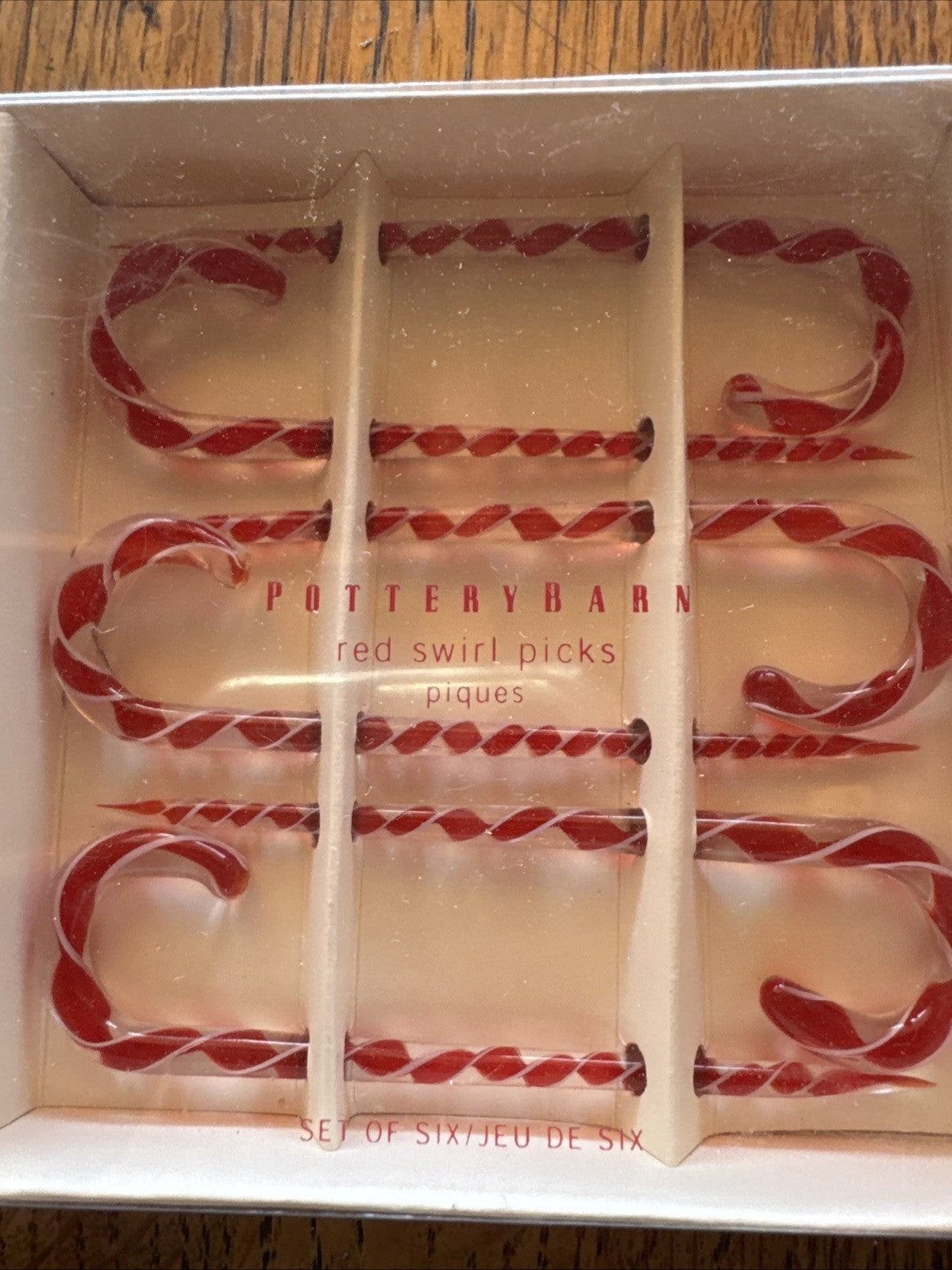 Pottery Barn Holiday Candy Cane Glass Red Swirl Cocktail Picks 2 Box’s of 6