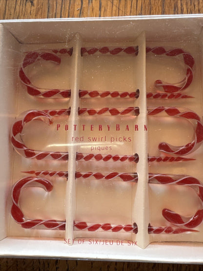 Pottery Barn Holiday Candy Cane Glass Red Swirl Cocktail Picks 2 Box’s of 6