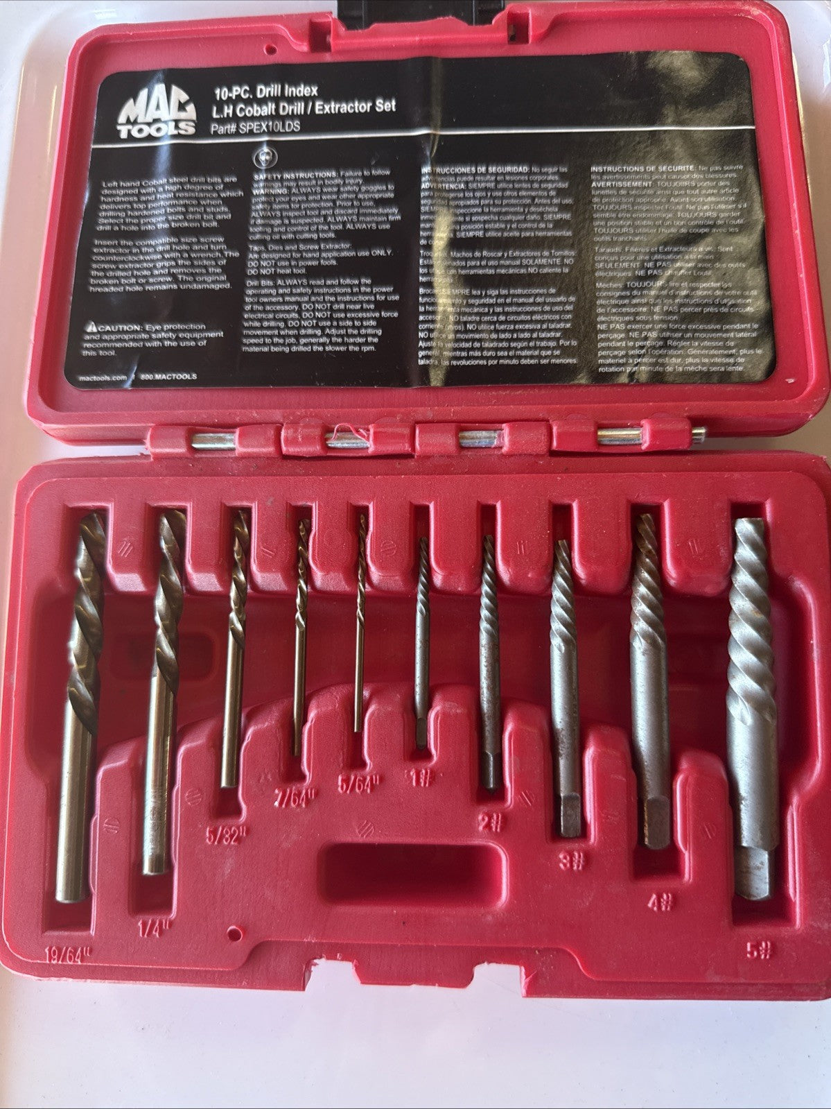 Mac Tools SPEX10MDS 10pc Cobalt Drill Bit & Extractor Set LH Drill
