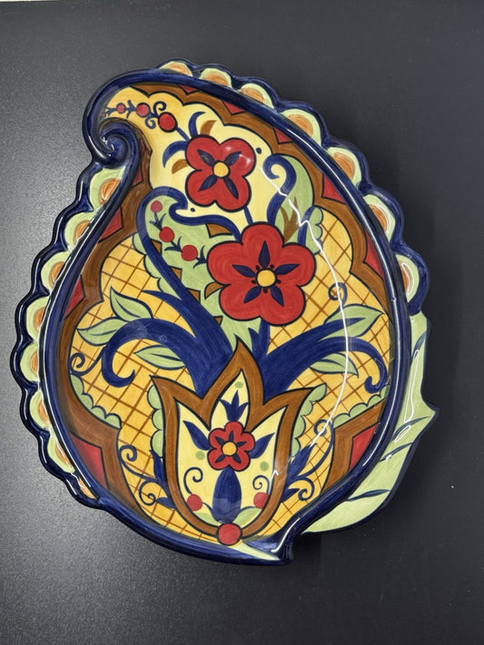 Vintage Corsica Home Hand-Painted Ceramic Dish – Paisley Leaf Shape, 9.5” x 8”