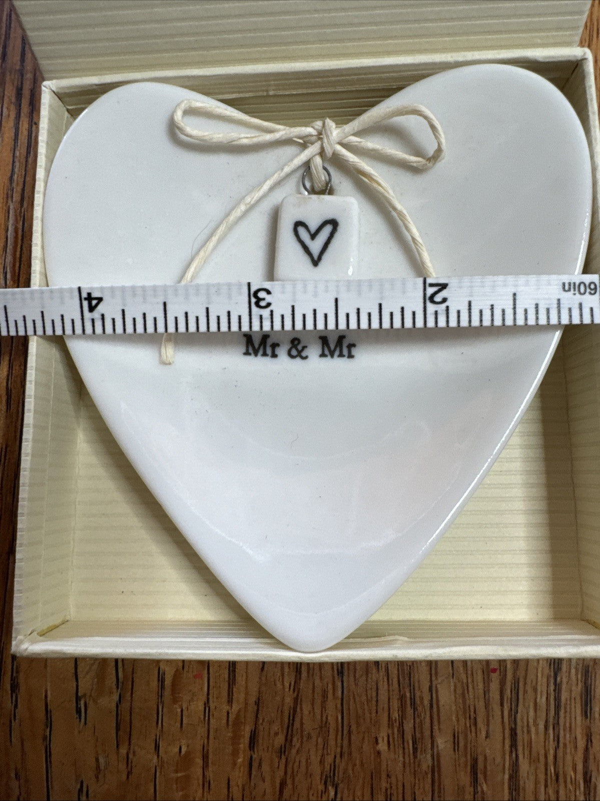 Crate & Barrel Mr. & Mr. Ceramic Heart Shaped Jewelry Trinket Tray Brand New