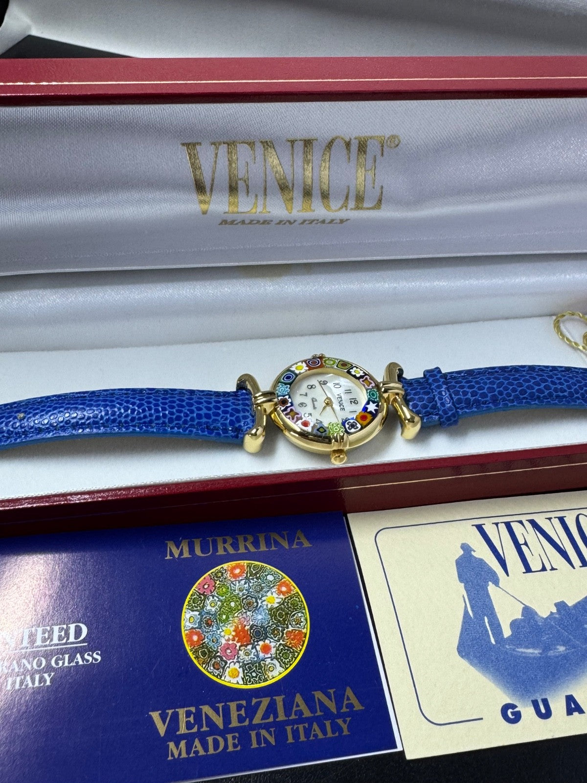 Murano Glass Blue Leather Band Quartz Watch