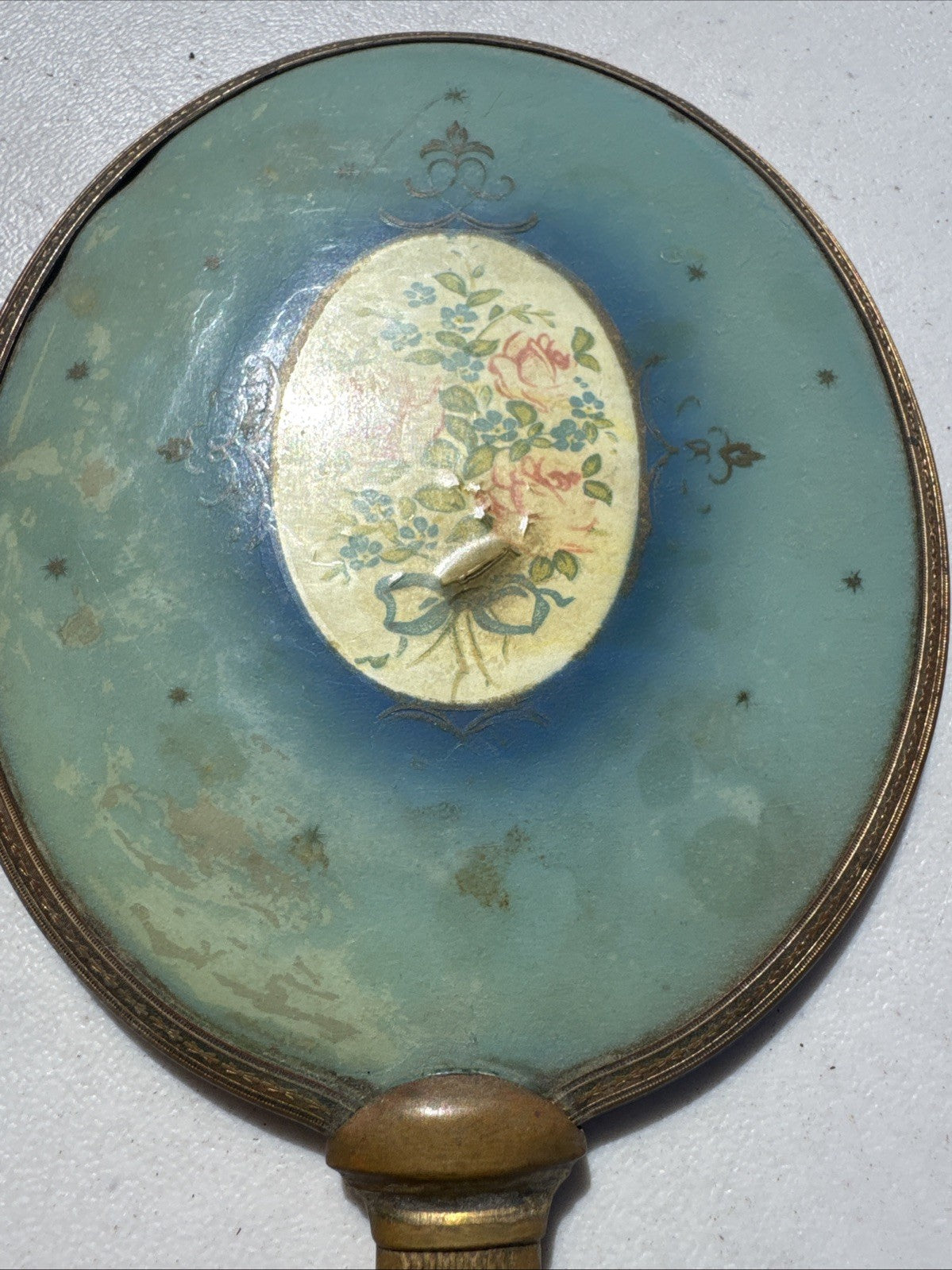 Rare Vintage 1950s Gold Tone  Brass Hand Held Vanity Mirror w/Floral(13in)