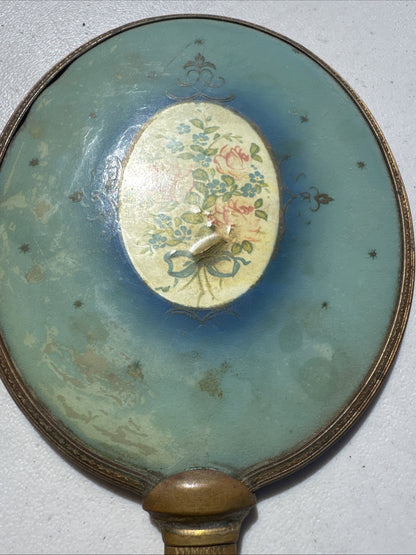 Rare Vintage 1950s Gold Tone  Brass Hand Held Vanity Mirror w/Floral(13in)