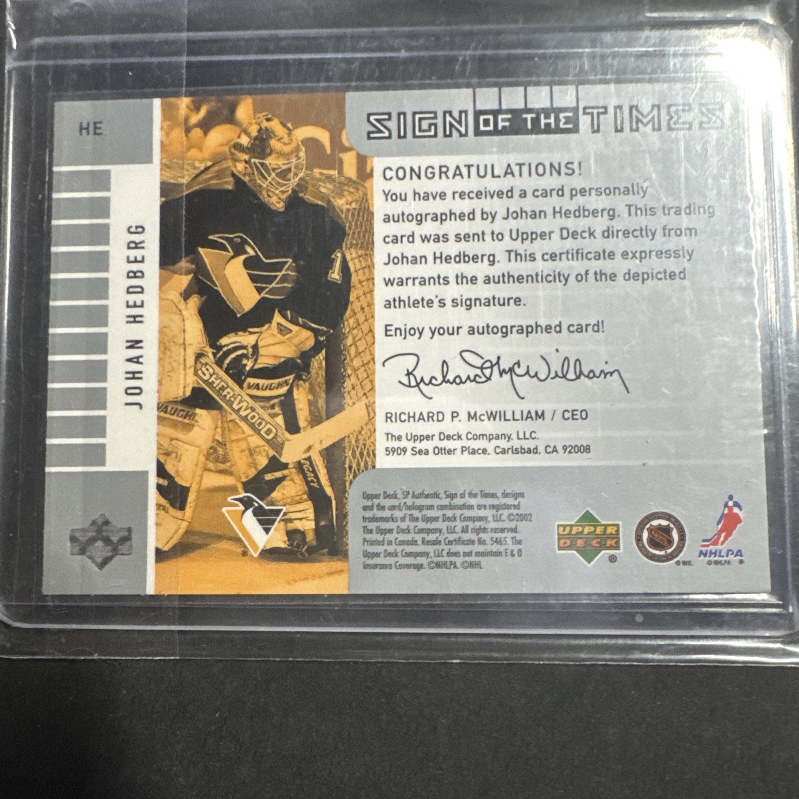 2001-02 SP Authentic - Sign of the Times Johan Hedberg #HE (AU)