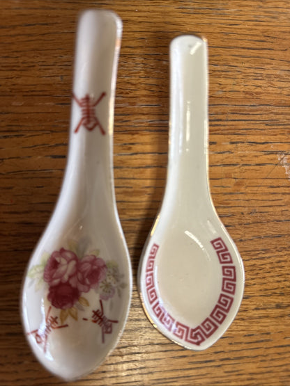 2 Chinese Porcelain Serving Spoons Hand Painted 1 Antique 1 Vintage