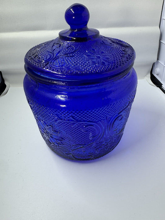 Cobalt Blue Sandwich Glass Biscuit Jar Tiara Vintage Cookie Lidded MCM Decor
