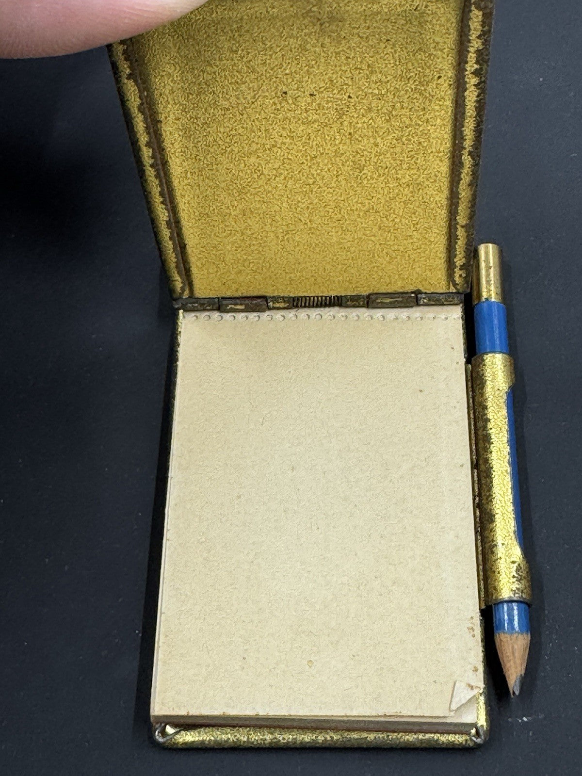 Antique Brass Miniature Notebook with Original Paper, Locking Pencil
