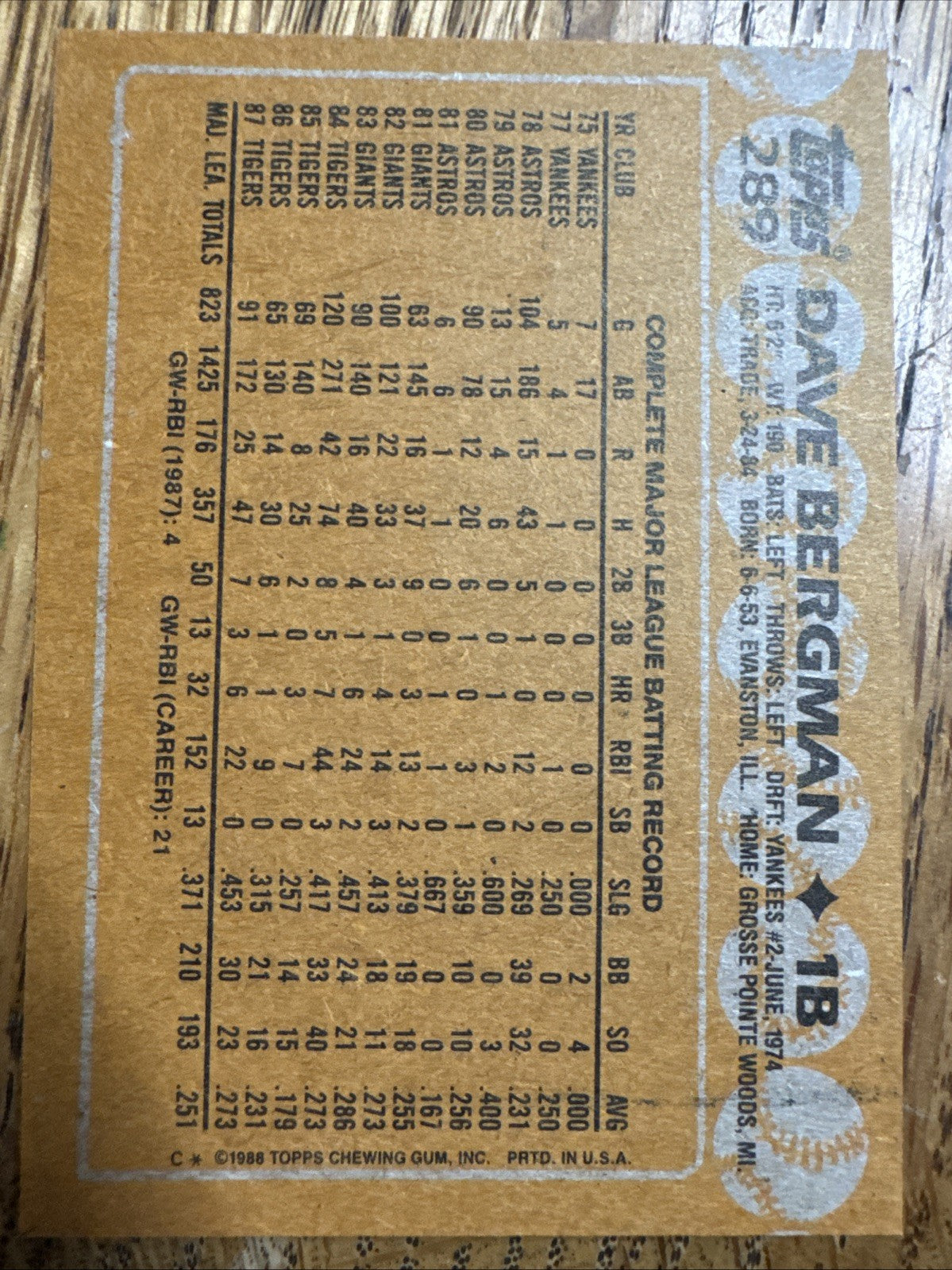 1988 Topps - Dave Bergman #289