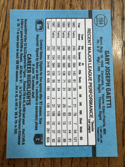 1988 Donruss - Gary Gaetti #194 Last Line Begins with In