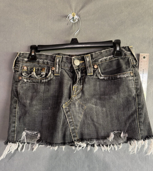 True Religion Black Raw Hem Denim Jean Skirt Size 28 WQ65J61EL Made In USA Mini