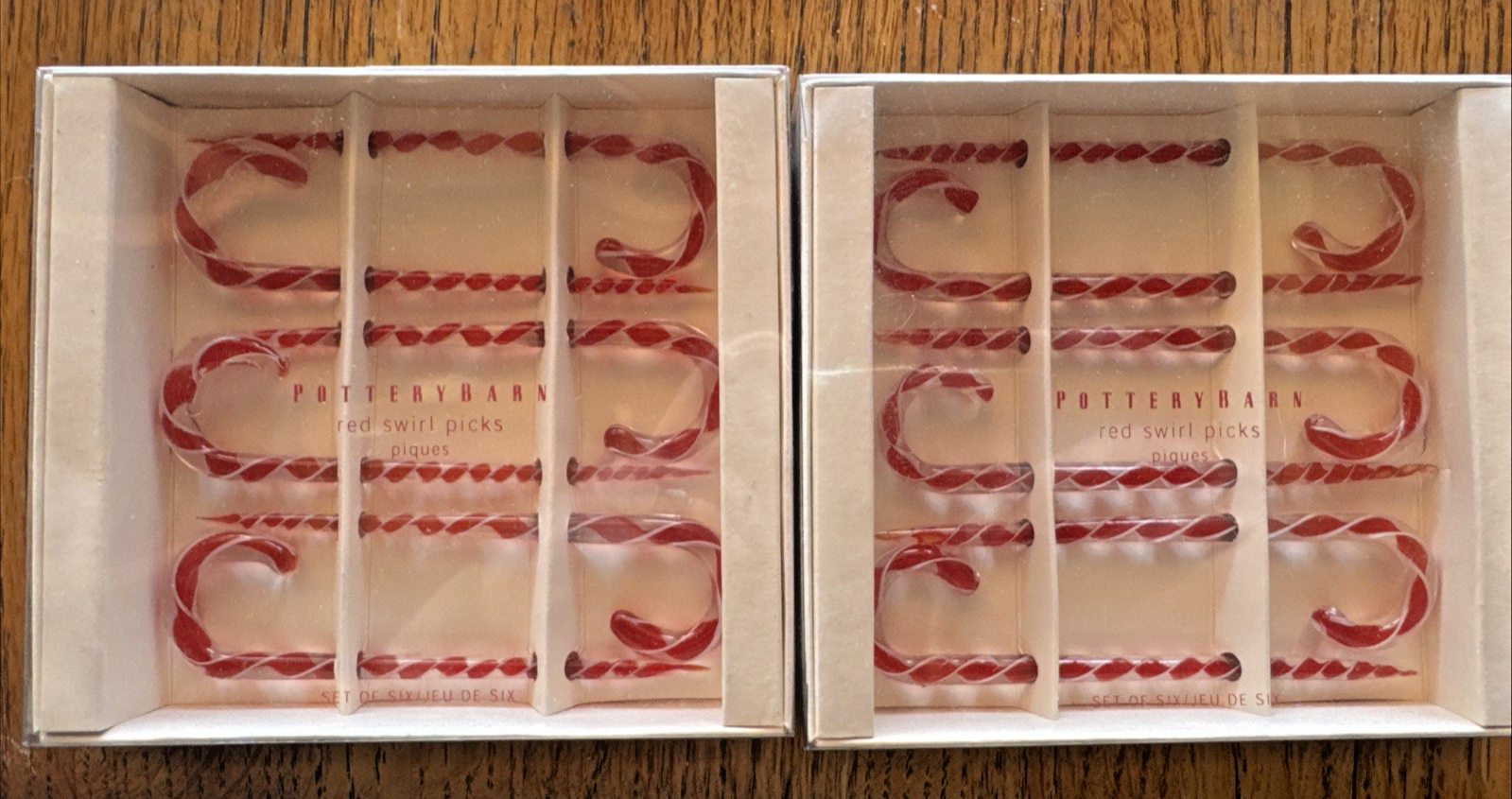 Pottery Barn Holiday Candy Cane Glass Red Swirl Cocktail Picks 2 Box’s of 6