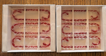 Pottery Barn Holiday Candy Cane Glass Red Swirl Cocktail Picks 2 Box’s of 6