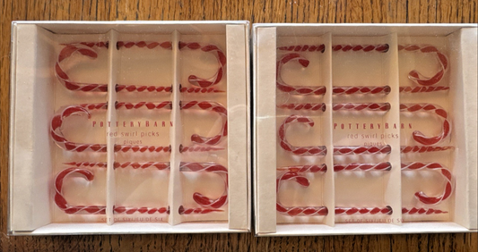 Pottery Barn Holiday Candy Cane Glass Red Swirl Cocktail Picks 2 Box’s of 6