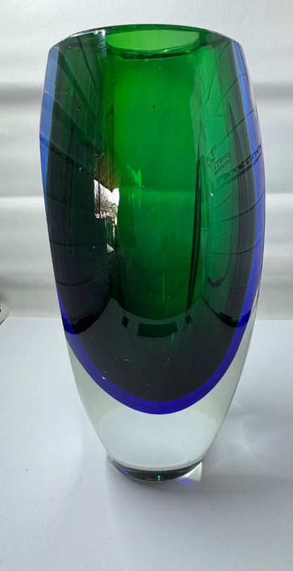 Vintage MURANO Art Glass Sommerso Green Blue Vase Heavy 8.5” Tall