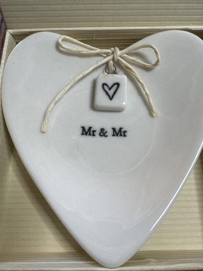 Crate & Barrel Mr. & Mr. Ceramic Heart Shaped Jewelry Trinket Tray Brand New