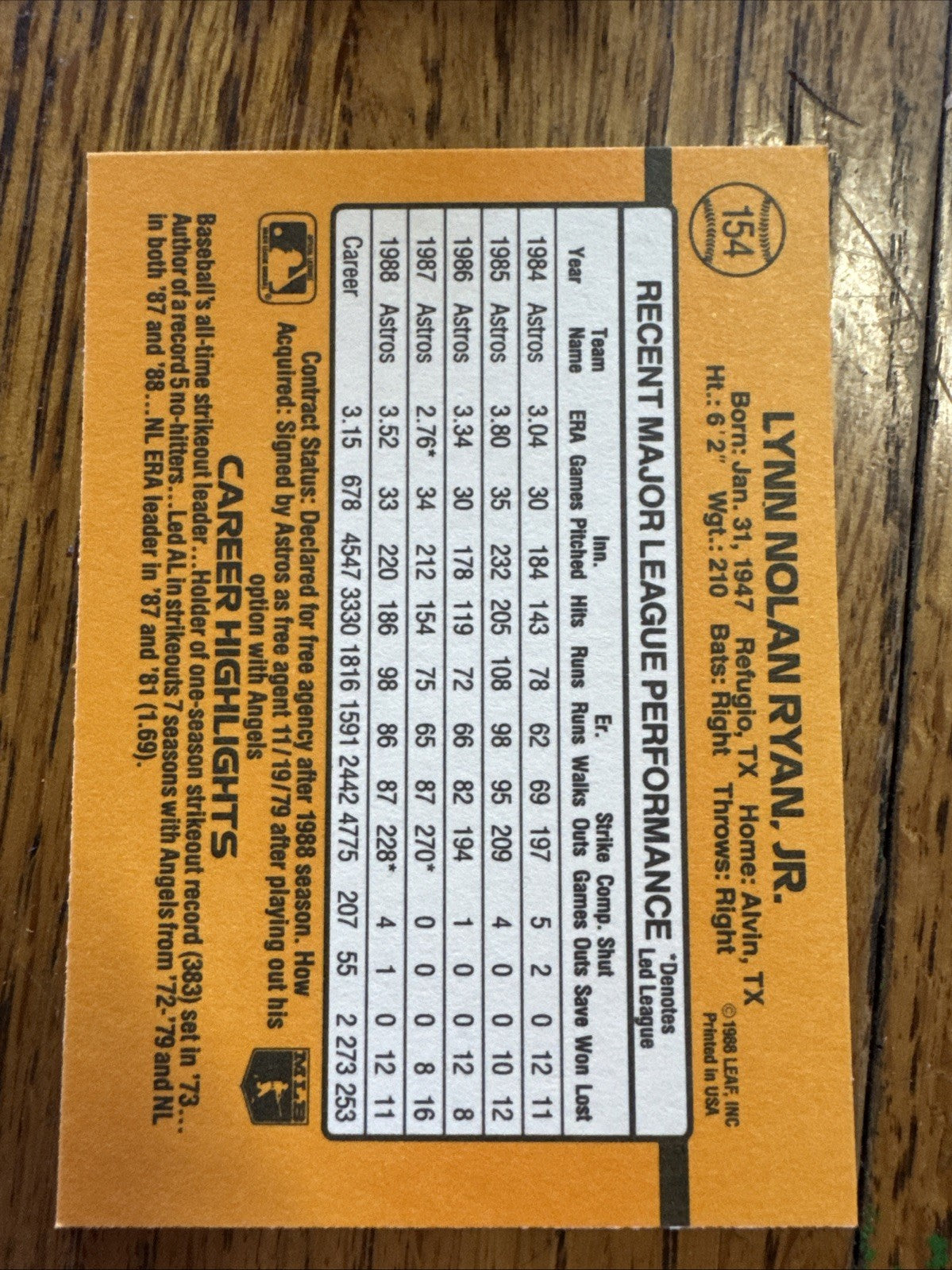 1989 Donruss - Nolan Ryan #154 *Denotes* on Back