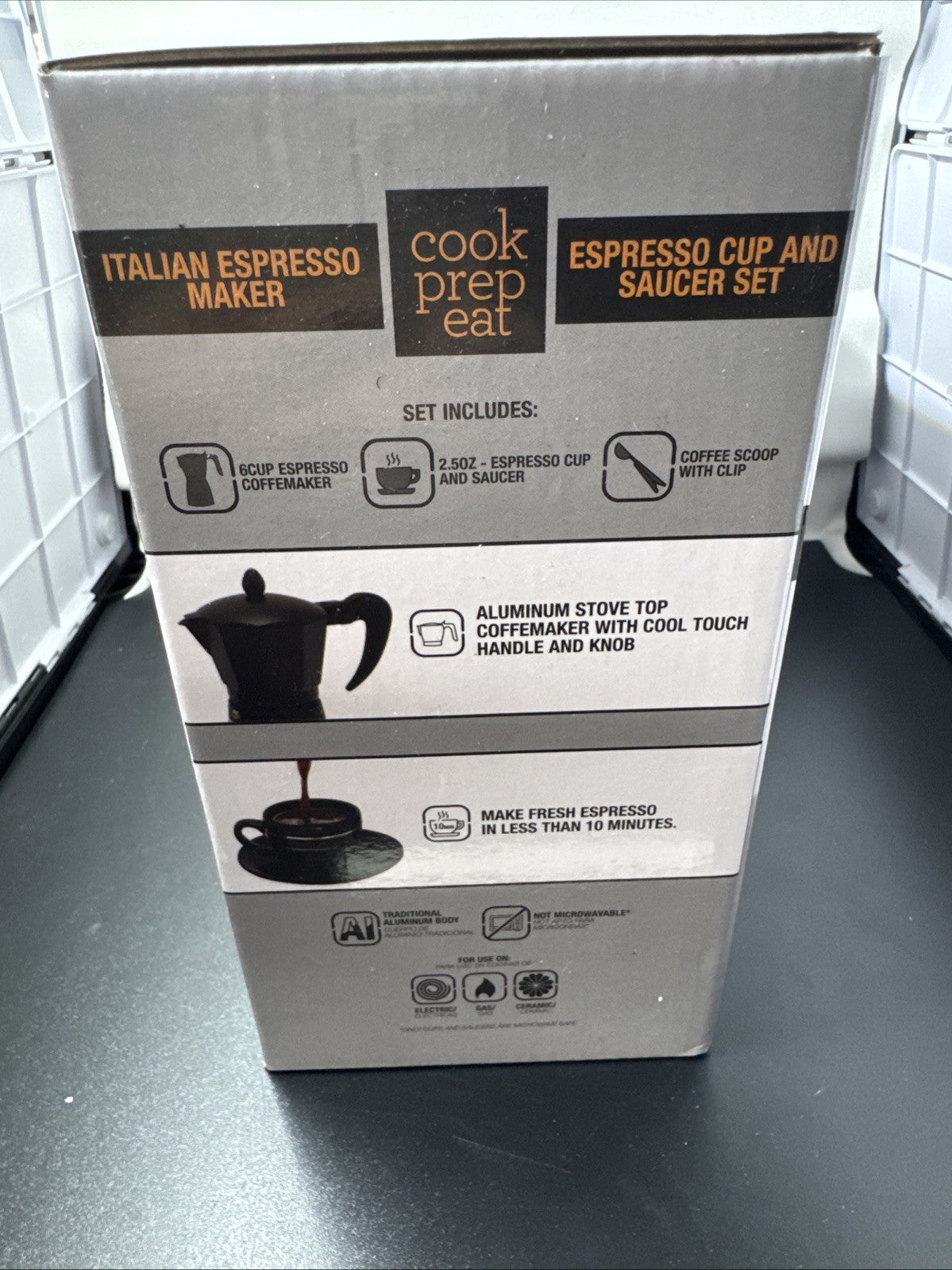 6 piece ESPRESSO MAKER SET by Cook Prep Eat 2 cups 2 saucers spoon & maker