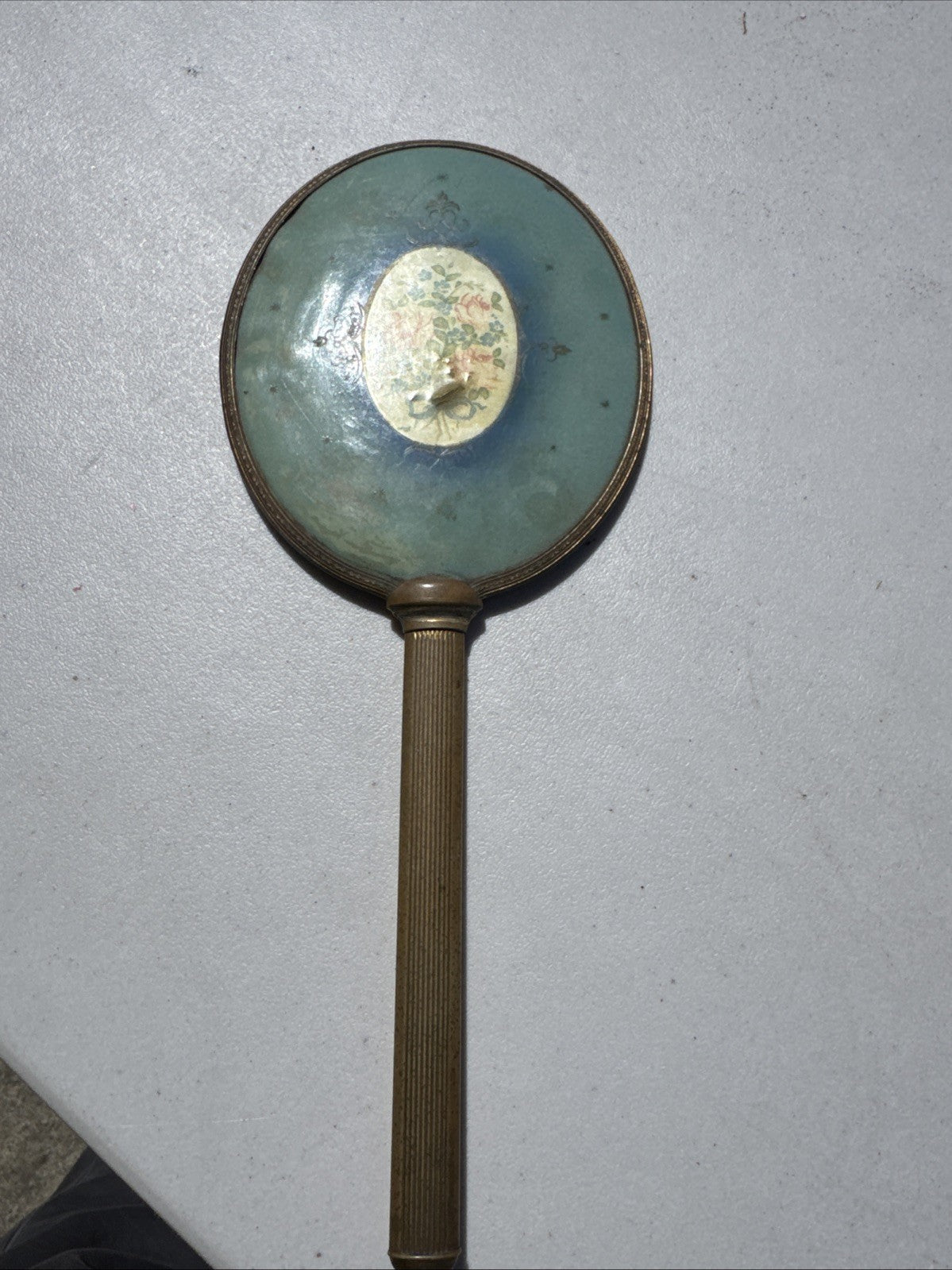 Rare Vintage 1950s Gold Tone  Brass Hand Held Vanity Mirror w/Floral(13in)
