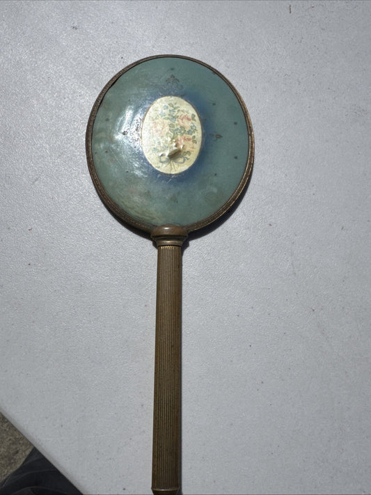 Rare Vintage 1950s Gold Tone  Brass Hand Held Vanity Mirror w/Floral(13in)