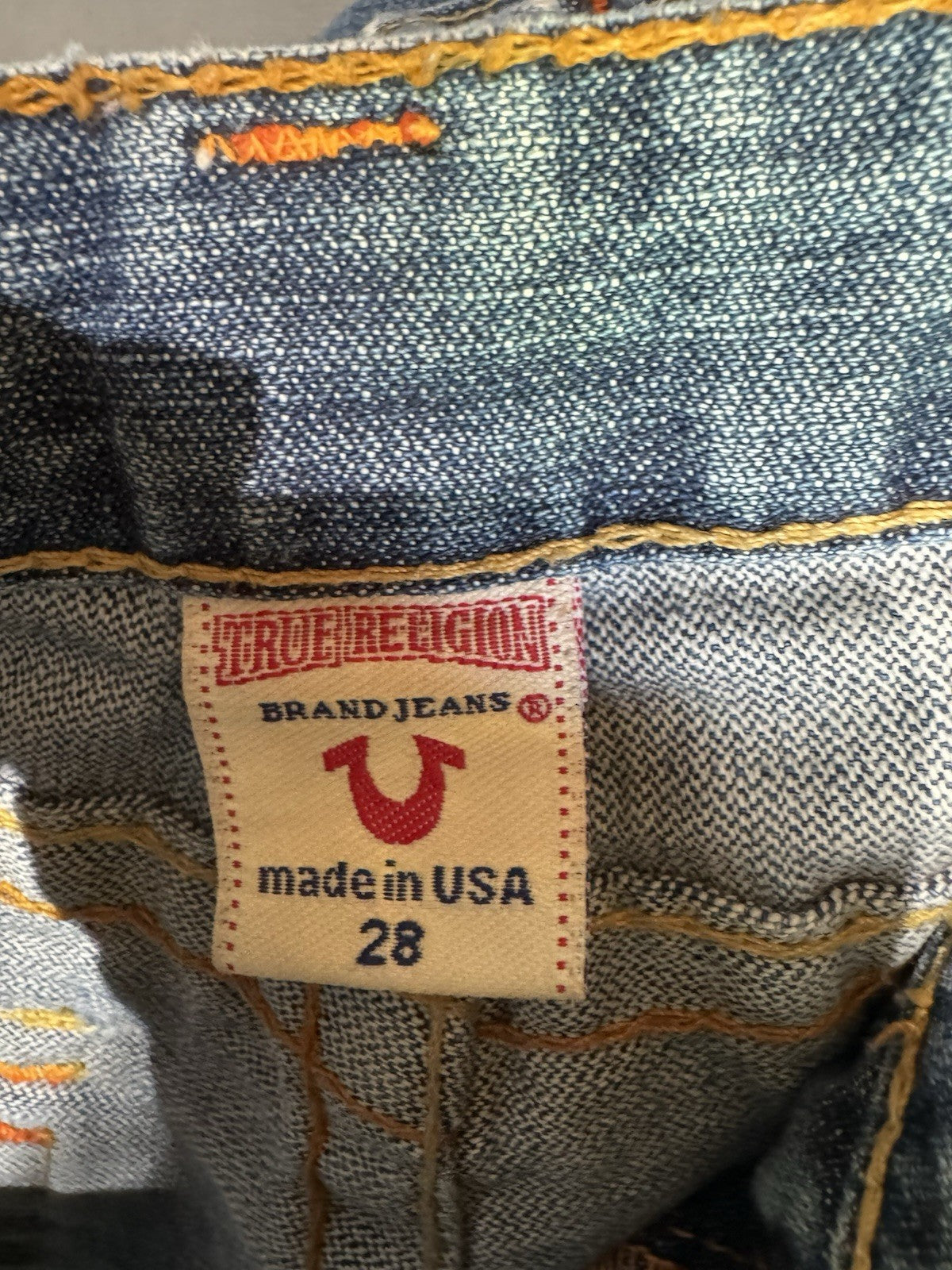 Y2K TRUE RELIGION Joey #20-503 Mini Denim Skirt Distressed Flap Pockets 28 VTG