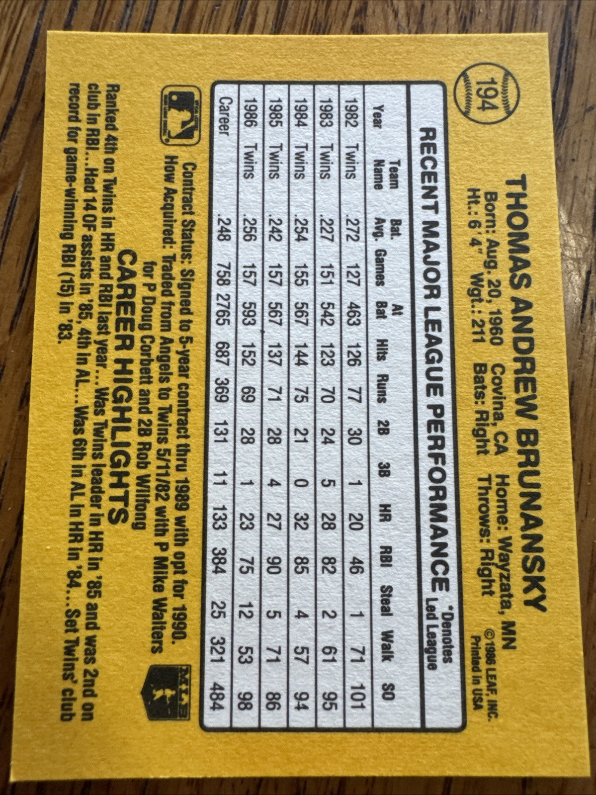 1987 Donruss - Tom Brunansky #194