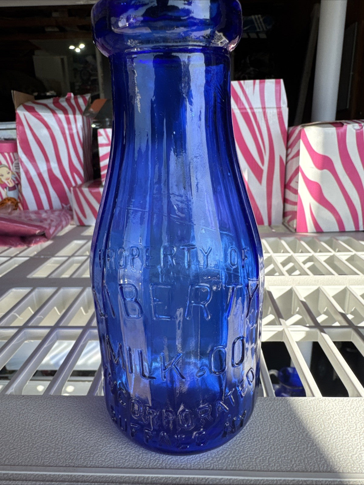 Vintage Cobalt Blue Lady Liberty Milk Bottle Glass Liberty Milk Co Buffalo NY 7"