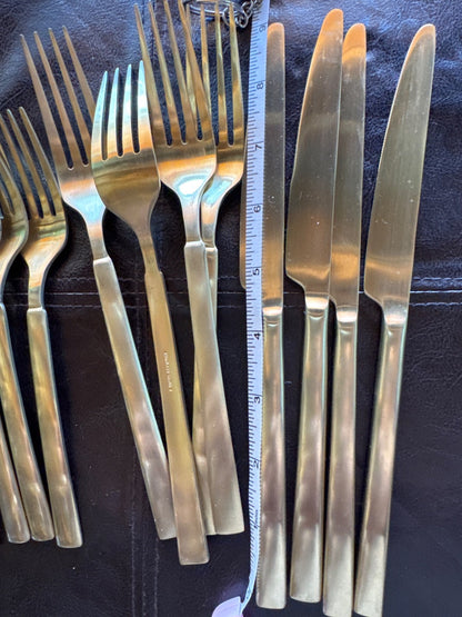 20 Piece Lot Stainless China J Flatware - Fork, Knife, Spoon Gold Toned