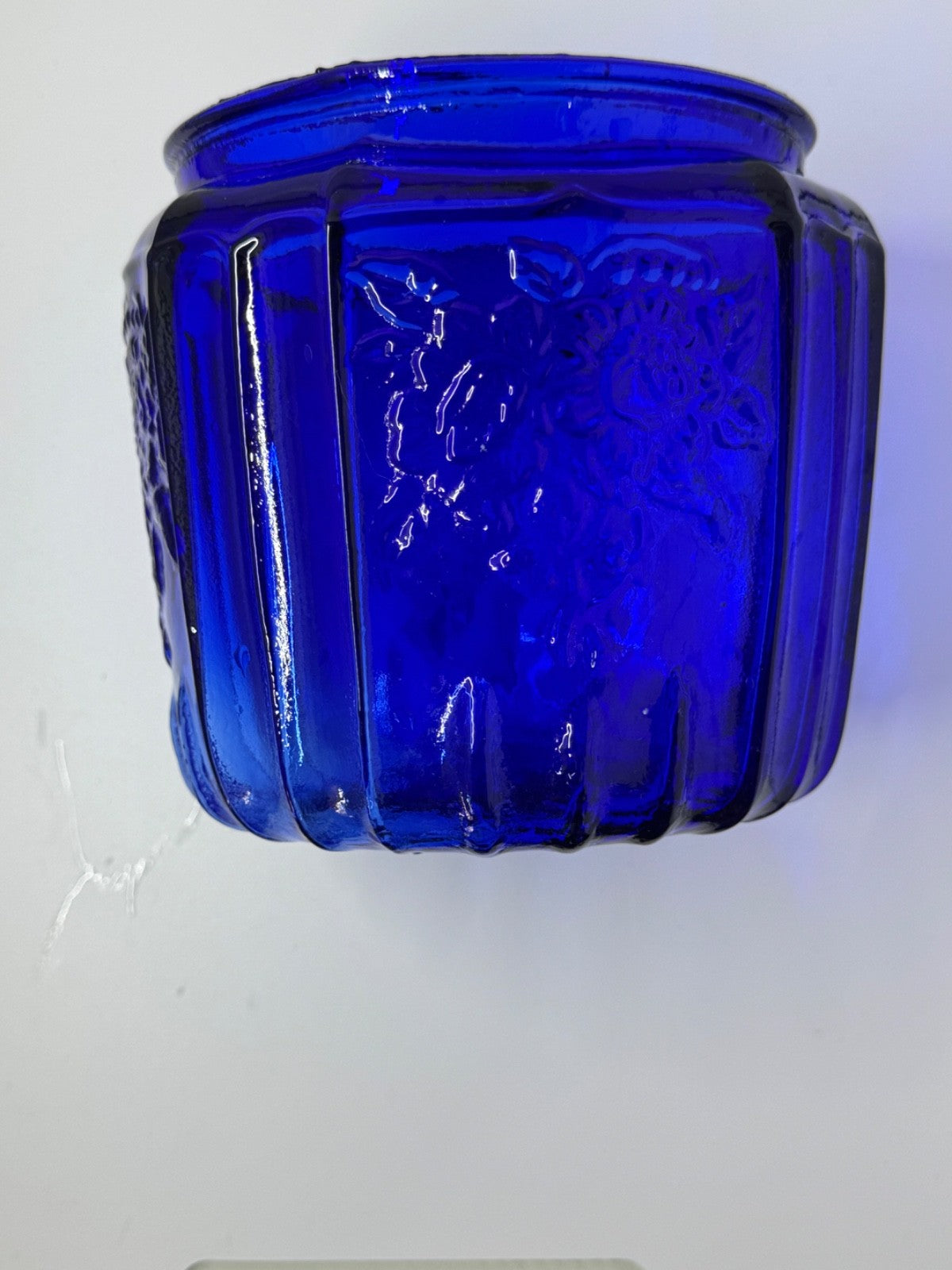 VINTAGE ANCHOR HOCKING MAYFAIR COBALT BLUE GLASS FLORAL BISCUIT COOKIE JAR 7 1/4