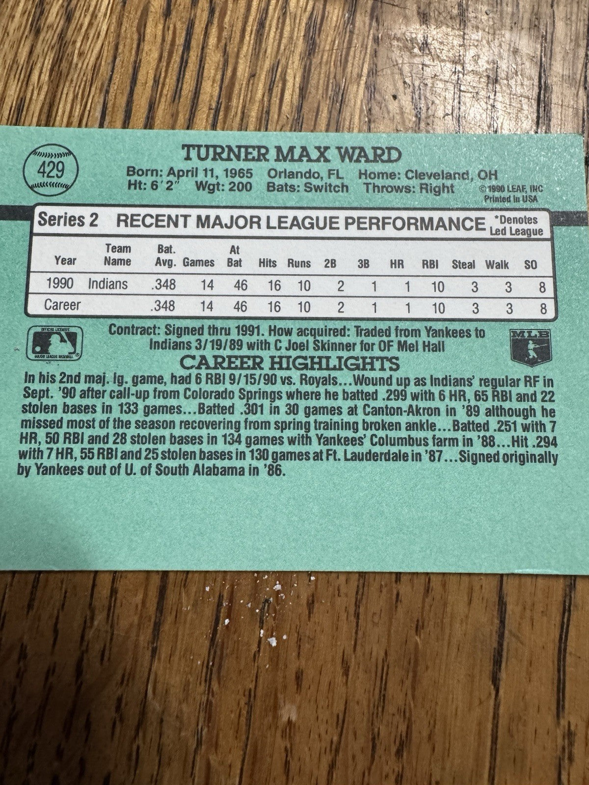 1991 Donruss - Rated Rookie Turner Ward #429 2 Purple Stripes on Right Border...