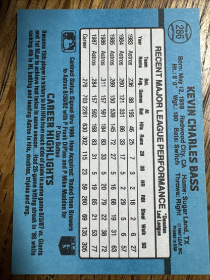 1988 Donruss - Kevin Bass #286 Last Line Begins with Ranking