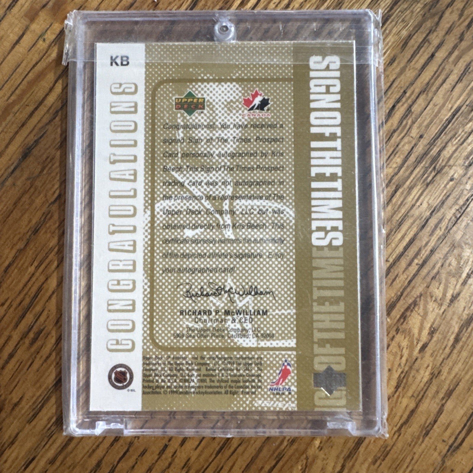 1998-99 SP Authentic - Sign of the Times Kris Beech #KB Gold 20/100 (AU, RC)