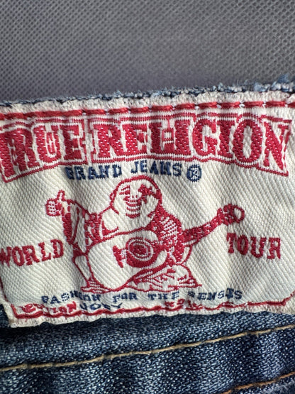 Y2K TRUE RELIGION Joey #20-503 Mini Denim Skirt Distressed Flap Pockets 28 VTG