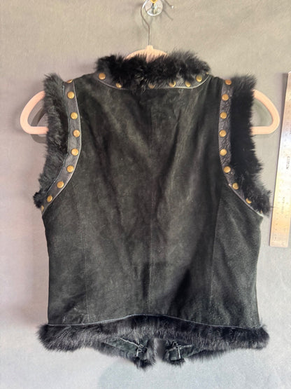 Marciano Suede Vest With Studs Black Rabbit Fur Trim Size Small