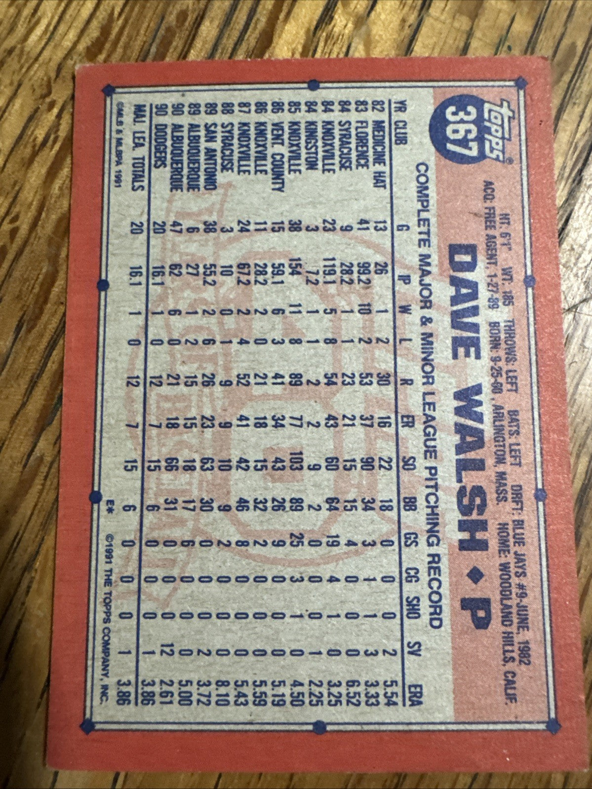 1991 Topps - Dave Walsh #367 (RC)