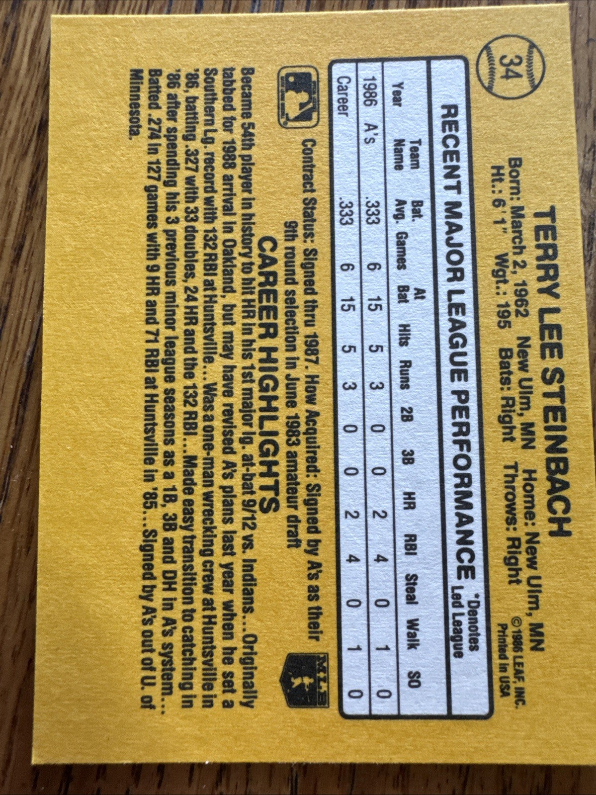 1987 Donruss - Rated Rookie Terry Steinbach #34 (RC)