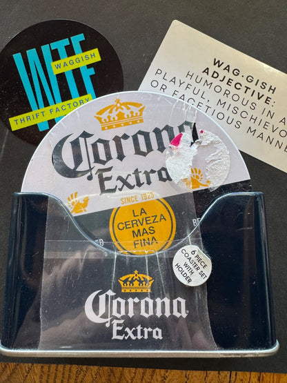 The Tin Box Company Corona 6 pc Coaster Set with Standing Metal Holder, White