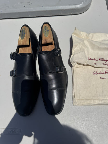 Salvatore Ferragamo Black Leather Double Monkstrap Loafer sz 8D